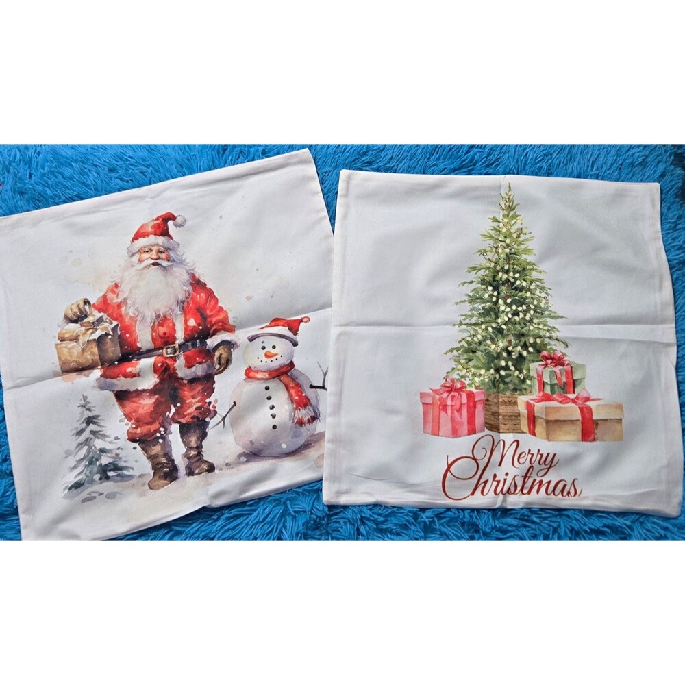 2-Pack Christmas Pillow Covers 18"x18" Polyester Santa Snowman White Hidden Zip.